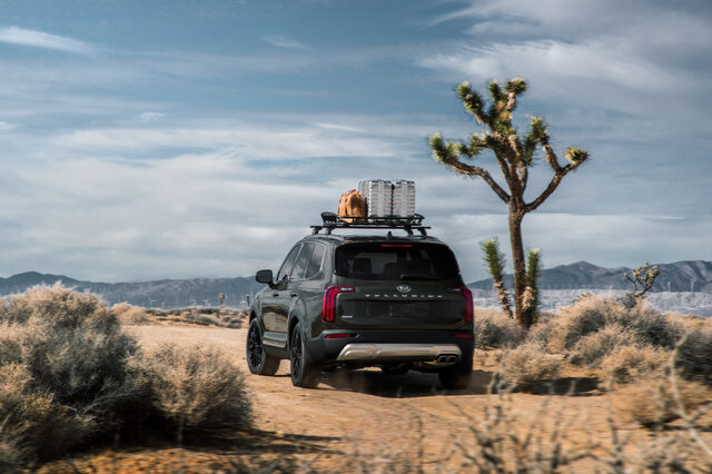 2020 Kia Telluride EX rear view on desert trail with roof rack and gear