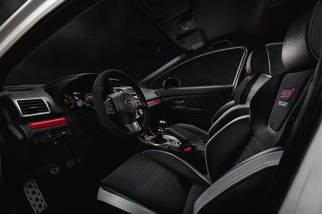 2019 Subaru WRX STi S209, interior with Recaro seats, red accents, and manual shifter