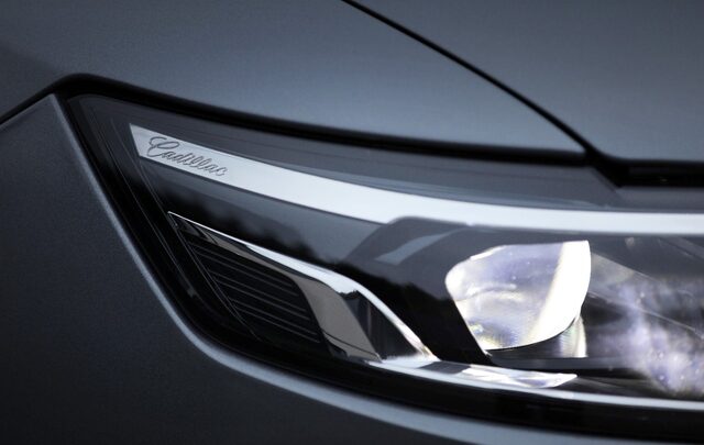 2020 Cadillac XT6 Sport headlight and Cadillac script badge detail