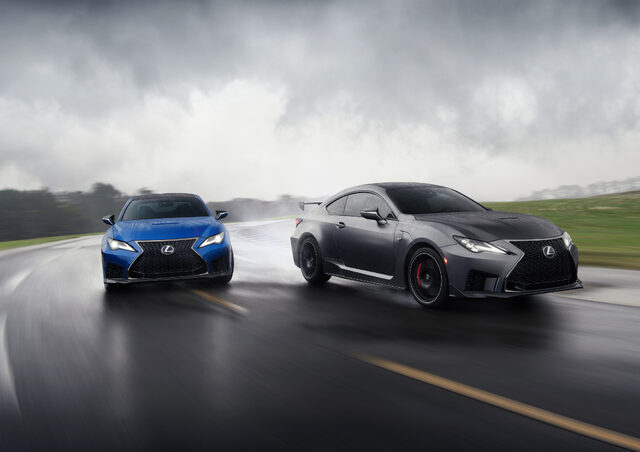 2020 Lexus RC F and RC F Track Edition, side by side on wet road