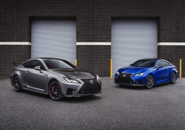 2020 Lexus RC F Track Edition and RC F, front three-quarter parked