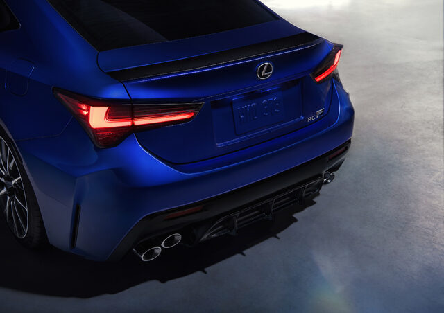 2020 Lexus RC F, rear close-up with carbon fiber spoiler and taillights