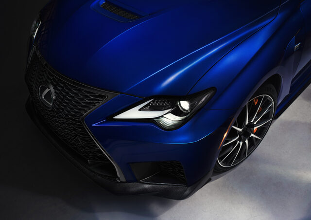 2020 Lexus RC F, front corner detail with LED headlight and carbon splitter