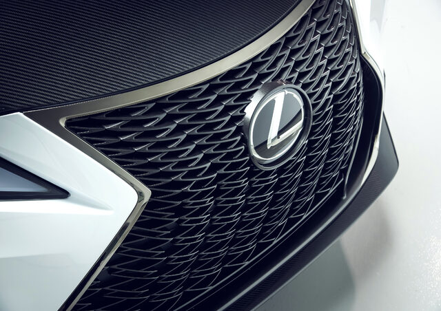 2020 Lexus RC F Track Edition, spindle grille close-up with carbon fiber hood