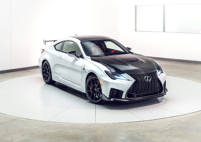 2020 Lexus RC F Track Edition, front three-quarter studio with carbon fiber hood and wing