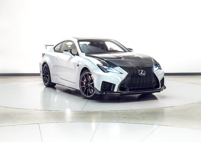 2020 Lexus RC F Track Edition, front three-quarter view showing carbon fiber hood