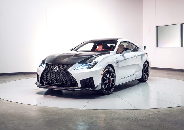 2020 Lexus RC F Track Edition, front three-quarter with prominent carbon fiber hood