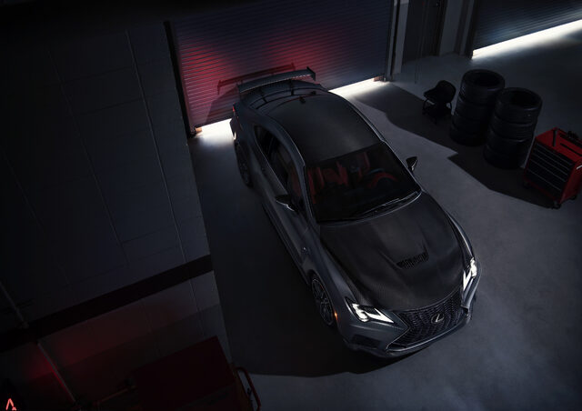 2020 Lexus RC F Track Edition, overhead view in garage showing carbon fiber roof and wing