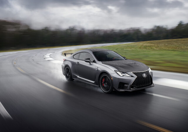 2020 Lexus RC F Track Edition, front action shot on wet track