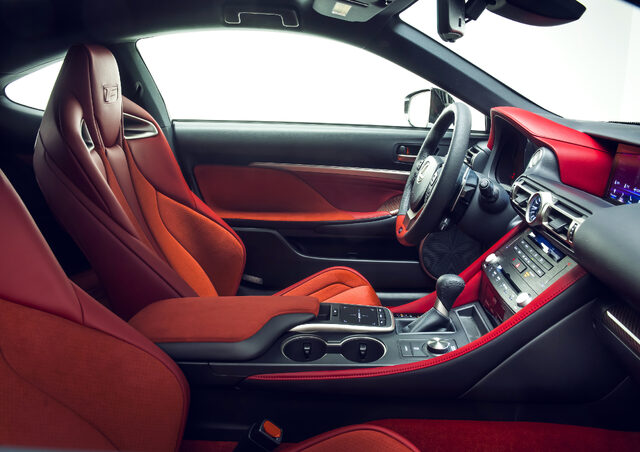 2020 Lexus RC F, interior passenger side with red sport seats