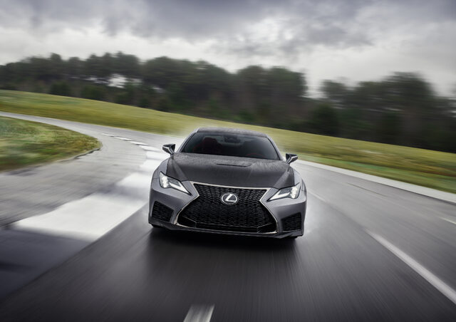 2020 Lexus RC F Track Edition, front view on wet track at speed
