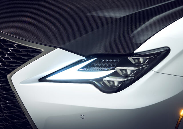 2020 Lexus RC F Track Edition, LED headlight and carbon fiber hood close-up