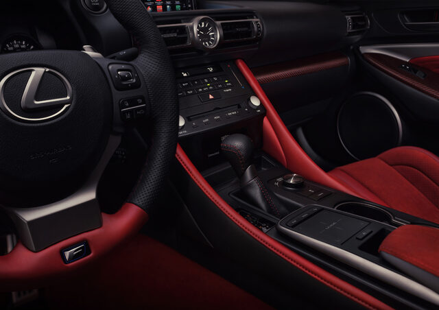 2020 Lexus RC F, interior steering wheel and center console detail