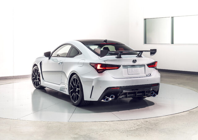 2020 Lexus RC F Track Edition, rear three-quarter studio view with carbon wing