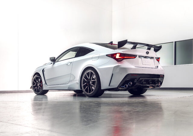 2020 Lexus RC F Track Edition, rear three-quarter view with carbon wing deployed