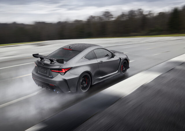 2020 Lexus RC F Track Edition, rear action shot on wet track