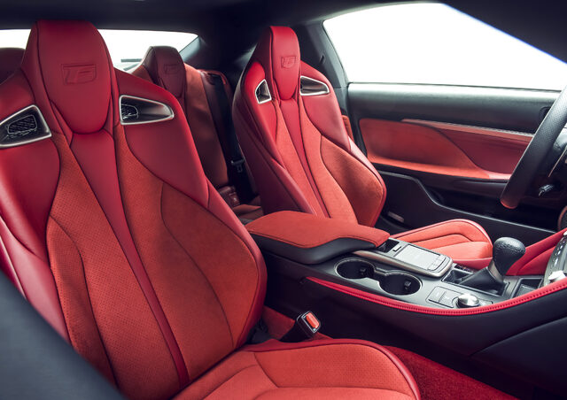 2020 Lexus RC F, red Alcantara sport seats with F logo headrests
