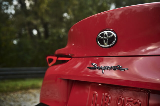 2020 Toyota GR Supra Toyota badge and Supra script emblem rear trunk detail