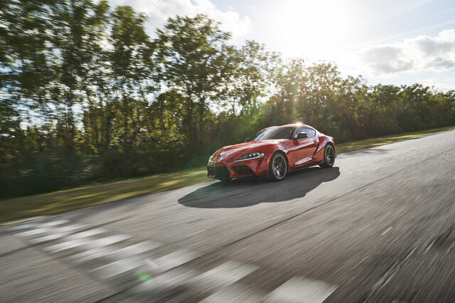 2020 Toyota GR Supra Front Three-Quarter Pan Shot at Speed