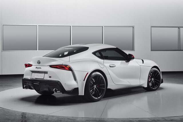 2020 Toyota GR Supra Launch Edition White Exterior Rear Three-Quarter Studio View