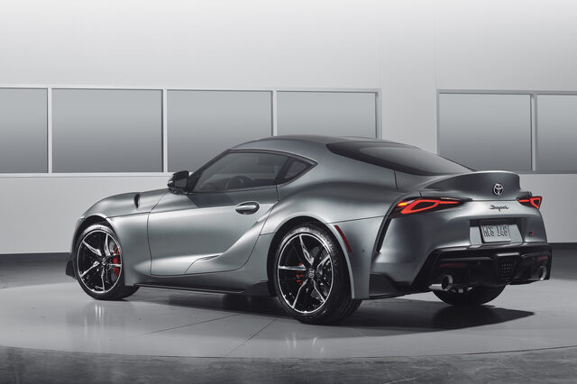 2020 Toyota GR Supra in Matte Grey Rear Three-Quarter Studio View