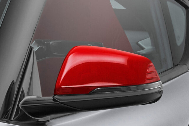 2020 Toyota GR Supra Side Mirror Detail with Red Accent and Dark Body