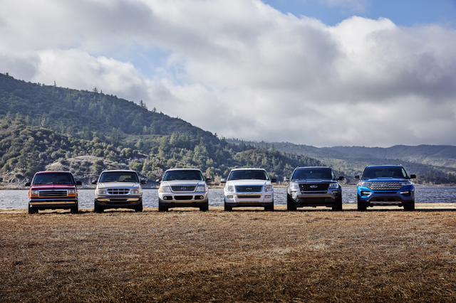 Six generations of Ford Explorer lineup front view outdoor heritage photo