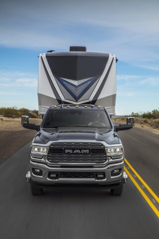 2020 RAM 2500 HD towing RV [front road]