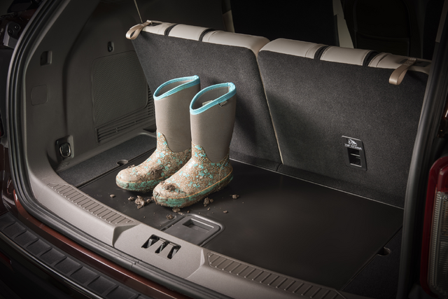 2020 Ford Explorer Platinum cargo area with rubber floor mat and muddy boots