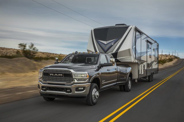 2020 RAM 3500 HD towing 5th-wheel [3/4 front desert]