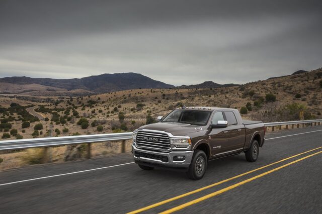 2020 RAM 2500 HD driving [front 3/4 overcast highway]
