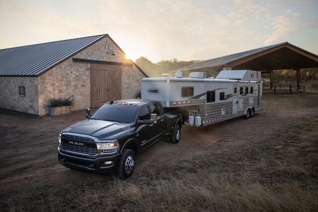 2020 RAM 3500 HD towing horse trailer [front 3/4 farm]