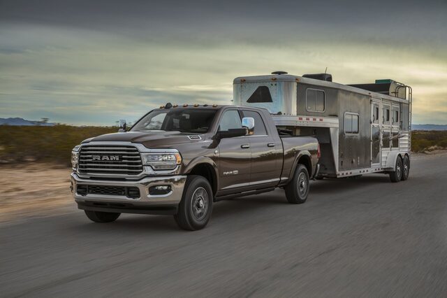 2020 RAM 3500 HD towing horse trailer [3/4 desert overcast]