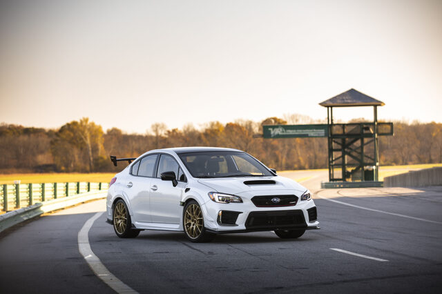 2019 Subaru WRX STi S209, front three-quarter static at VIR with tower in background