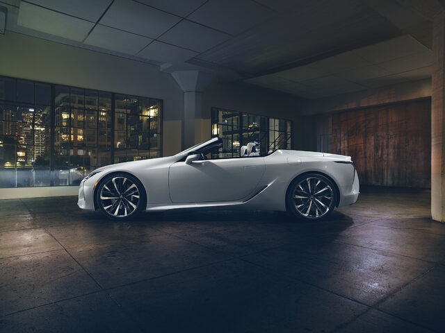 Lexus LC Convertible Concept White Driver Side Profile Nighttime City