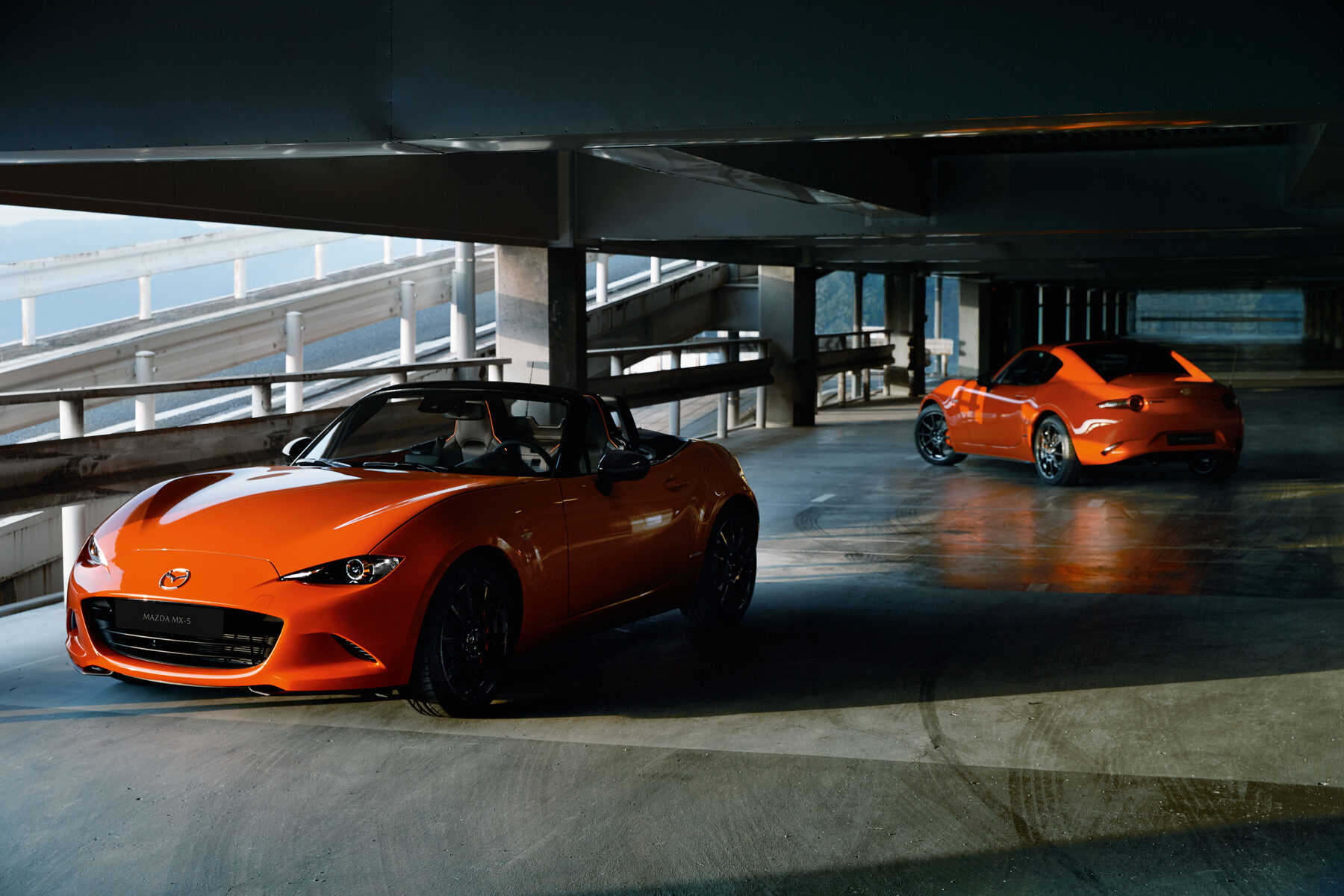 2019 Mazda MX-5 Miata 30th Anniversary, Soft Top and RF Coupe in parking structure