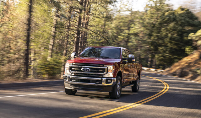 2020 Ford F-Series Super Duty, front three-quarter view on winding road