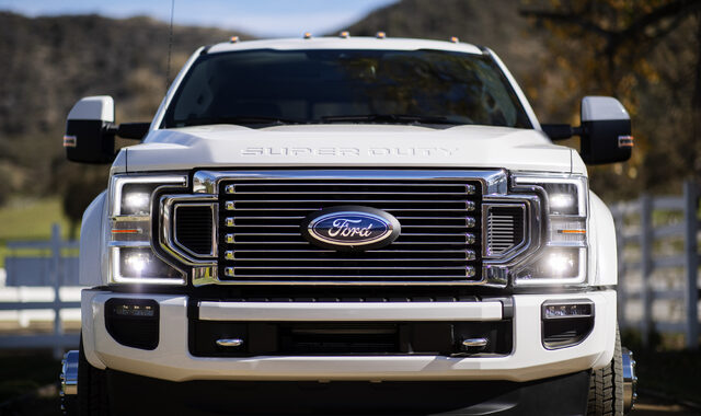 2020 Ford F-Series Super Duty Limited, front grille closeup with Super Duty lettering