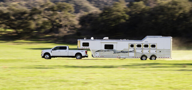 2020 Ford F-Series Super Duty Limited, towing a horse trailer at highway speed