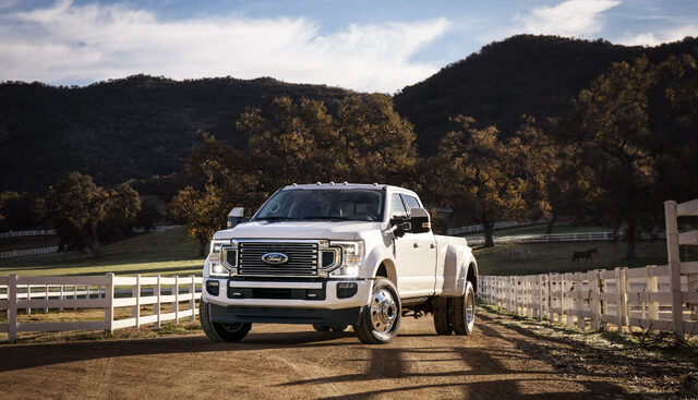 2020 Ford F-Series Super Duty Limited, front three-quarter view on farm road