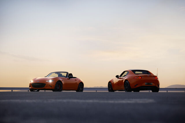 2019 Mazda MX-5 Miata 30th Anniversary, Soft Top and RF Coupe together at sunset