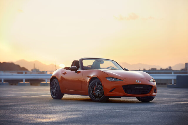 2019 Mazda MX-5 Miata 30th Anniversary, Soft Top three-quarter front view at golden hour