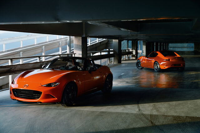 2019 Mazda MX-5 Miata 30th Anniversary, Soft Top and RF Coupe in parking structure