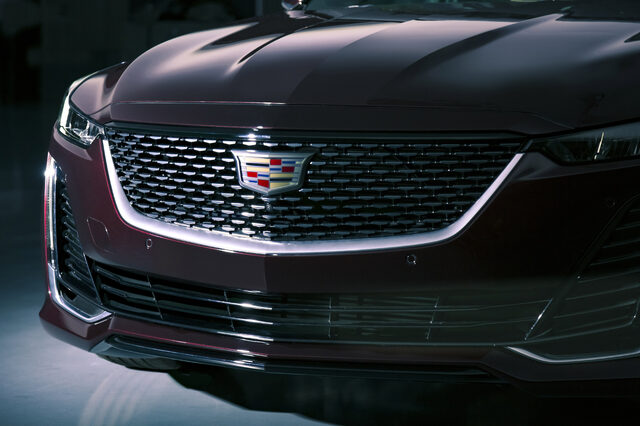 2020 Cadillac CT5 Premium Luxury Front Grille Closeup in Dark Red