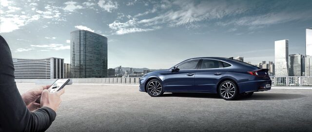 2020 Hyundai Sonata Dark Blue Exterior Rear Three-Quarter Urban Rooftop