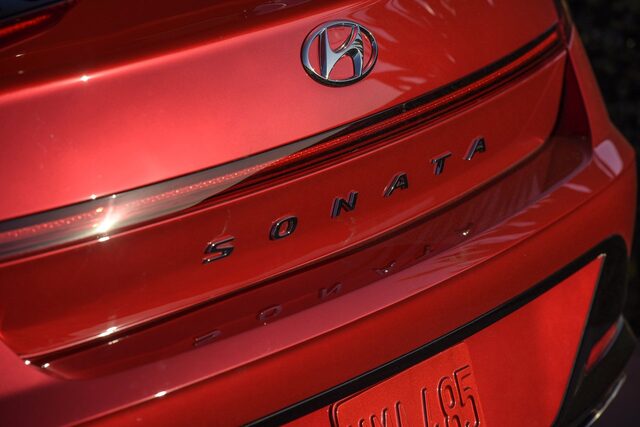 2020 Hyundai Sonata rear trunk lid closeup showing Sonata badge and Hyundai emblem