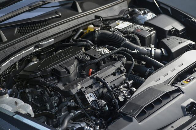 2020 Hyundai Sonata engine bay showing turbocharged engine with hood open