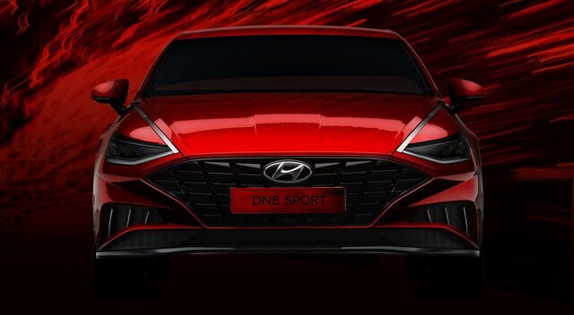 2020 Hyundai Sonata DN8 Sport front fascia teaser showing grille and LED headlights