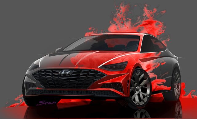 2020 Hyundai Sonata design sketch front three-quarter view with dramatic red styling elements