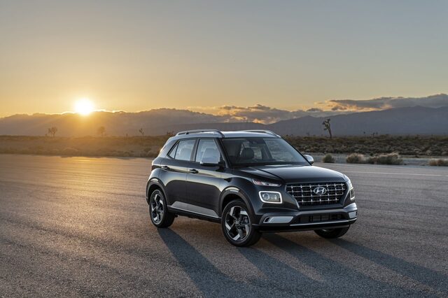 2020 Hyundai Venue SEL front three-quarter view [sunset golden hour]